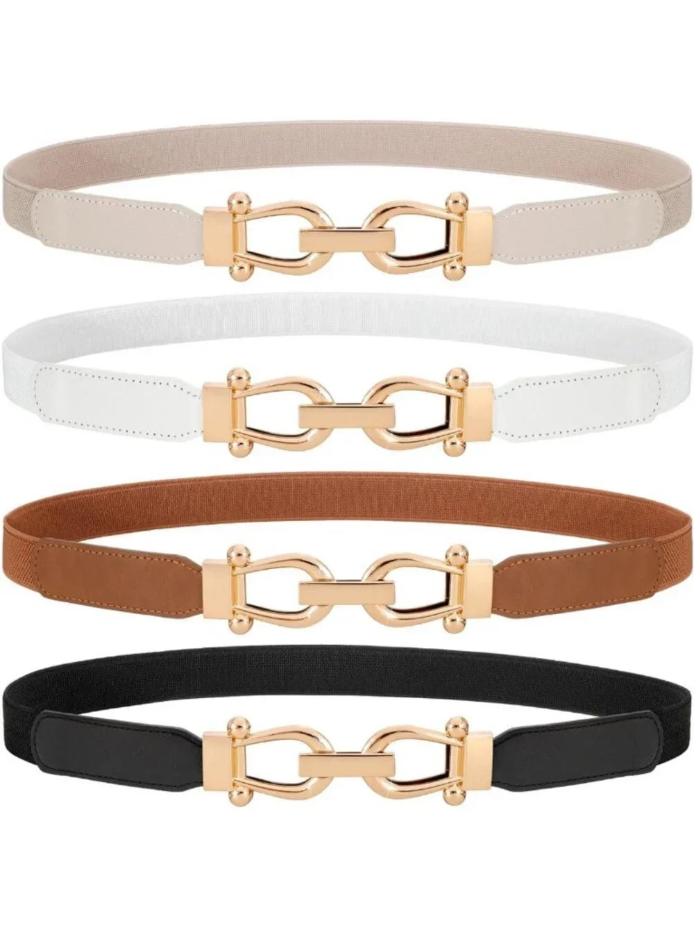 4 Pack Women's Skinny Elastic Waist Belts - Gold Buckle, Stretchy Thin Belts for